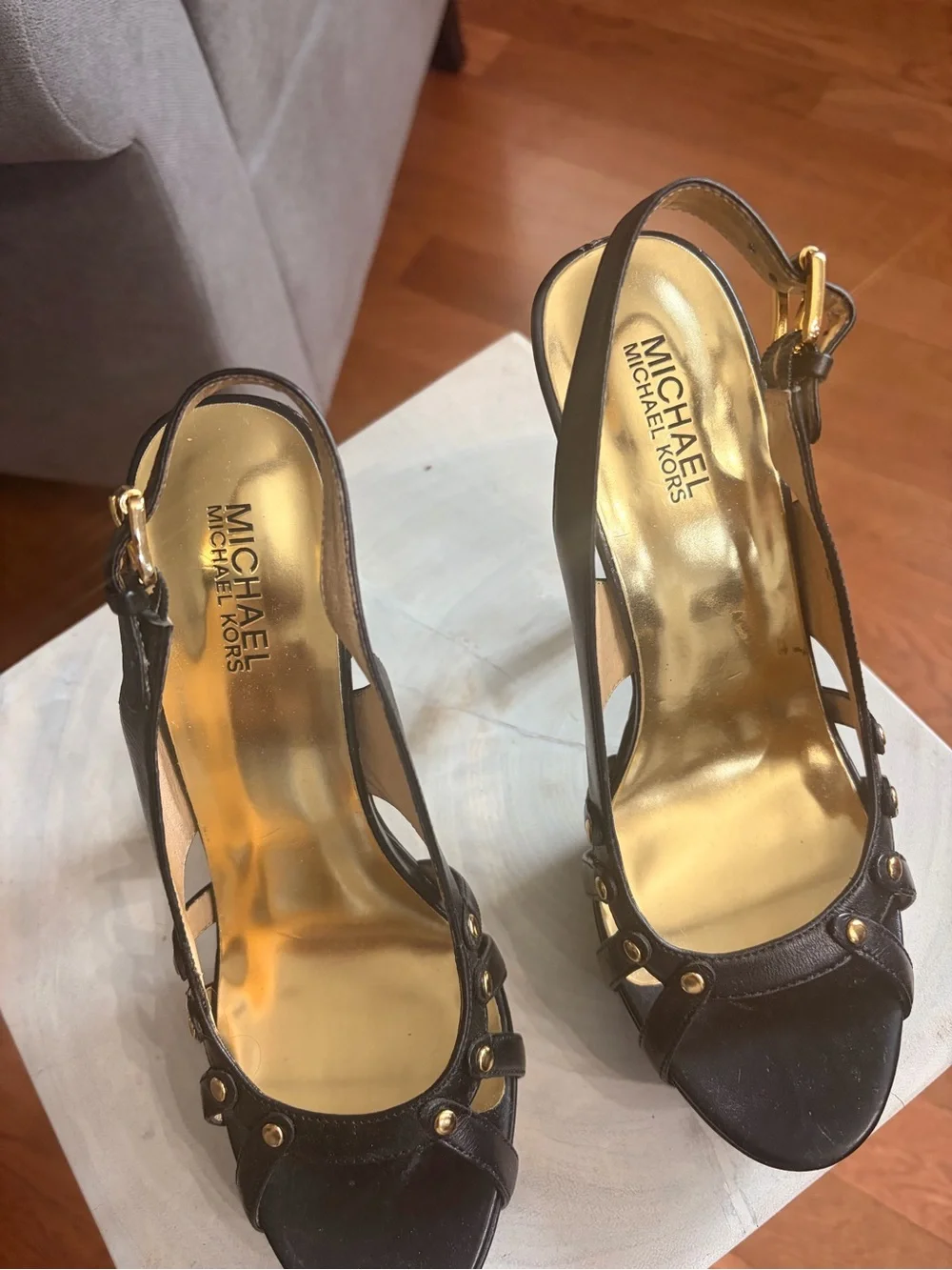 Michael Kors Black Leather Platform Slingback Sandals with Gold Insole